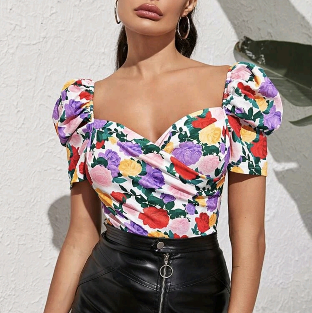 NEW Boho Floral Summer Vacation Wedding Dressy Puff Sleeves MulticolorTop size L